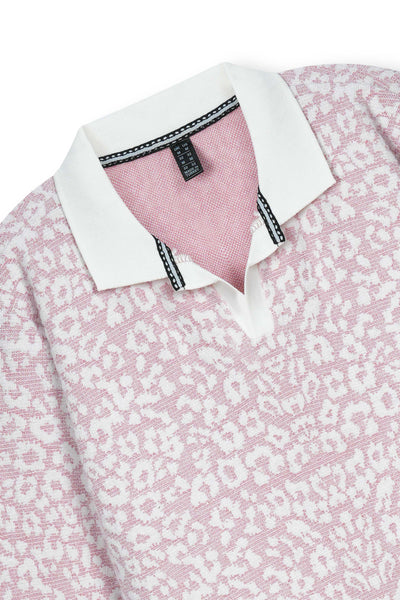 Pink Abstract Knit Polo Pullover
